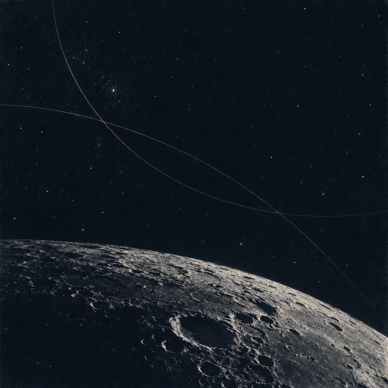 Bespoke website illustration for For Ada: a silver lunar surface in the lower-left beneath a midnight-blue sky and fine radio-wave arcs